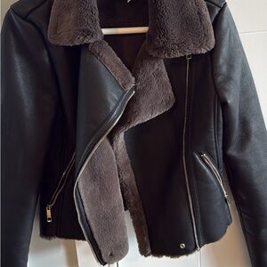 Mango Black Faux Leather Moto Jacket with Brownish Gray Shearling